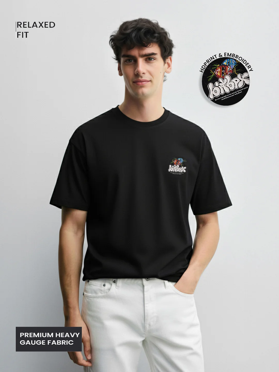 Men's Black Relaxed Fit Embroided 240 GSM Casual T-Shirt - Image 2