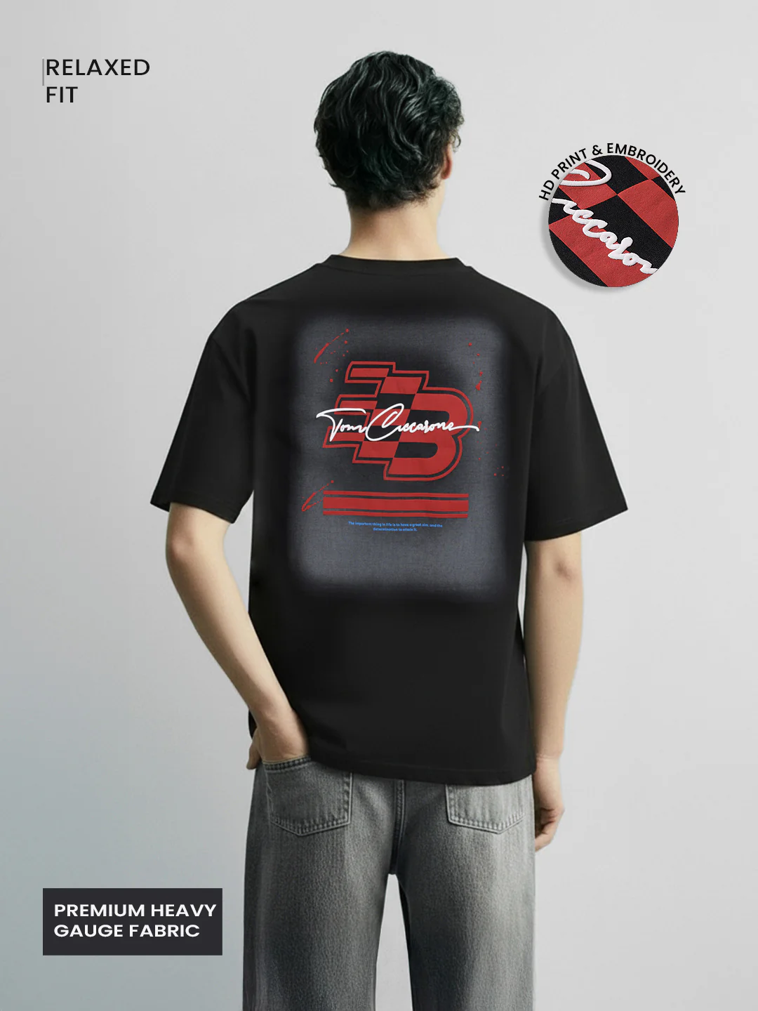 Men's Black Relaxed Fit Embroided 240 GSM Casual T-Shirt - Image 2