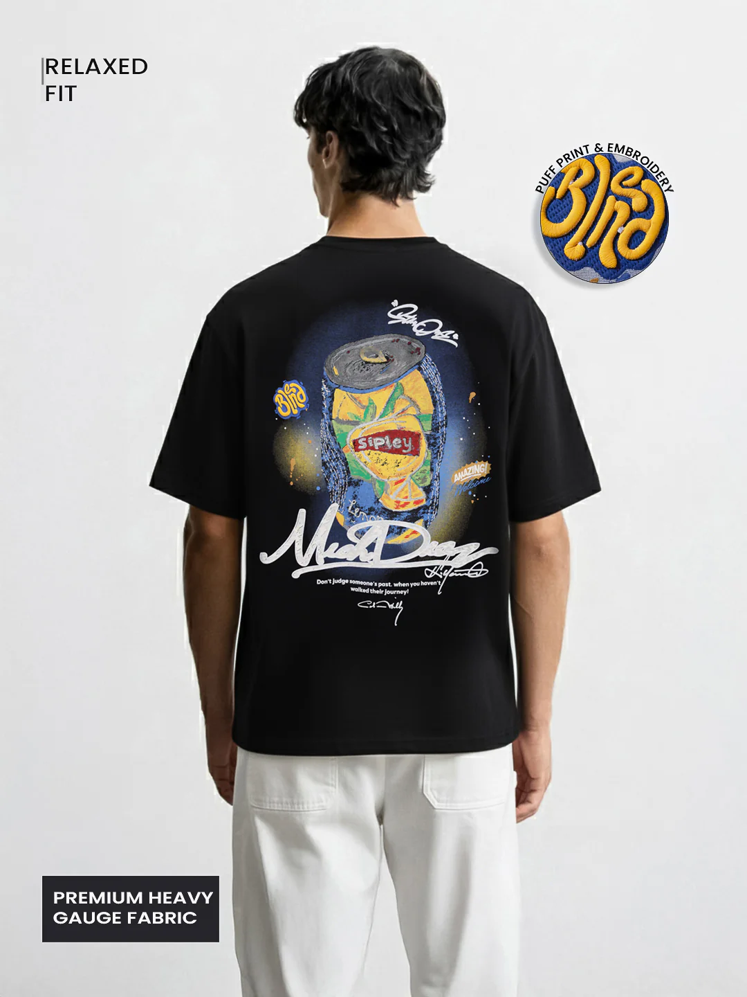 Men's Black Relaxed Fit Embroided 240 GSM Casual T-Shirt