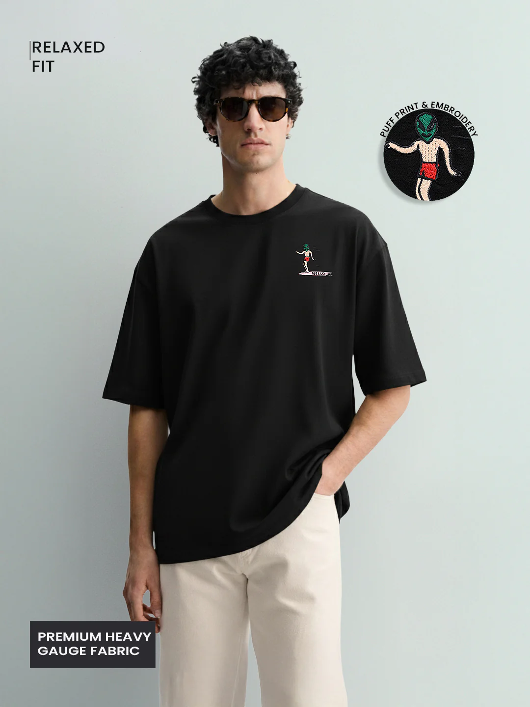 Men's Black Relaxed Fit Embroided 240 GSM Casual T-Shirt - Image 3