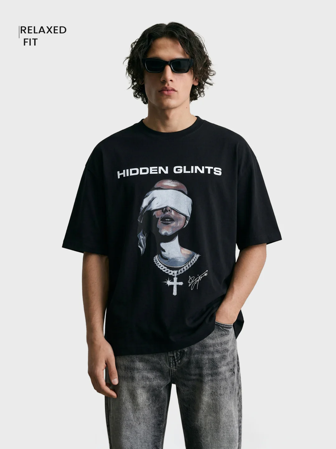 Men's Black Relaxed Fit Graphic Printed 240 GSM Casual T-Shirt - Image 2