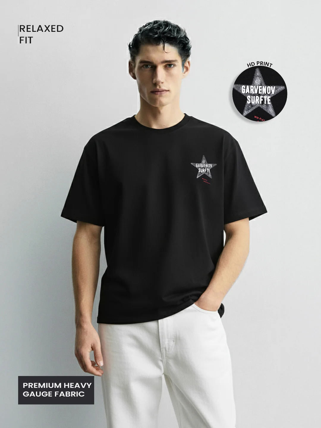 Men's Black Relaxed Fit Graphic Printed 240 GSM Casual T-Shirt - Image 2
