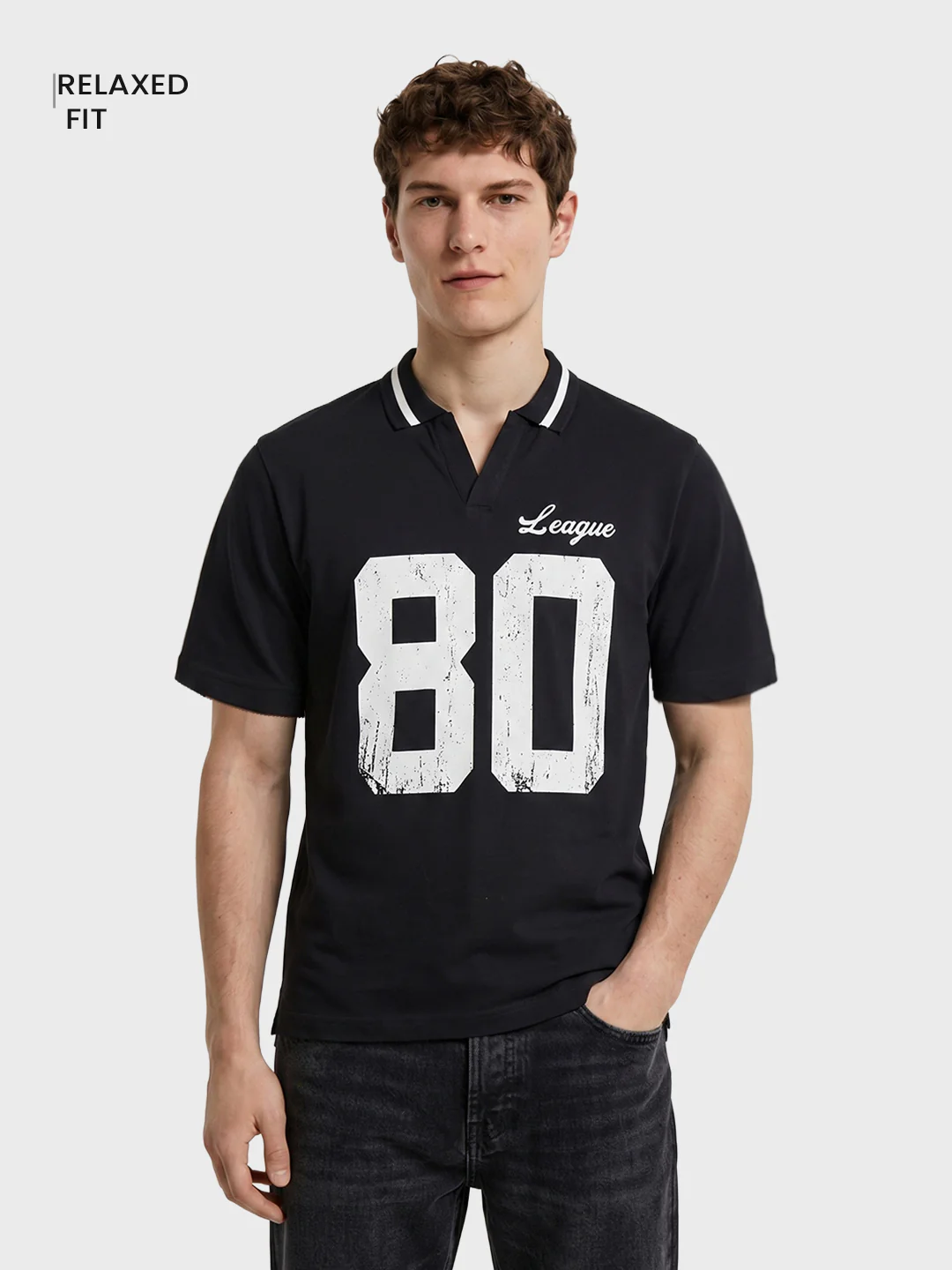 Men's Black Relaxed Fit Graphic Printed Casual Polo T-Shirt - Image 2