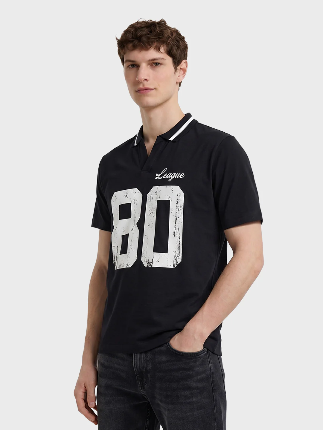 Men's Black Relaxed Fit Graphic Printed Casual Polo T-Shirt - Image 4