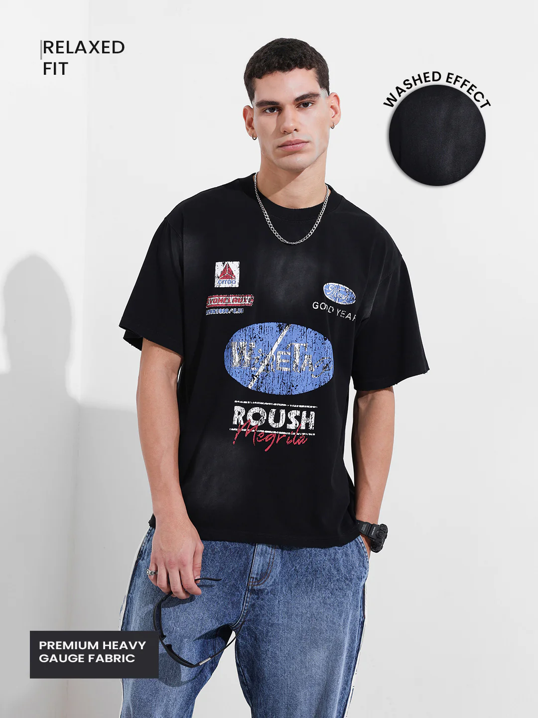 Men's Black Relaxed Fit Graphic Printed 240 GSM Street Wear T-Shirt - Image 6