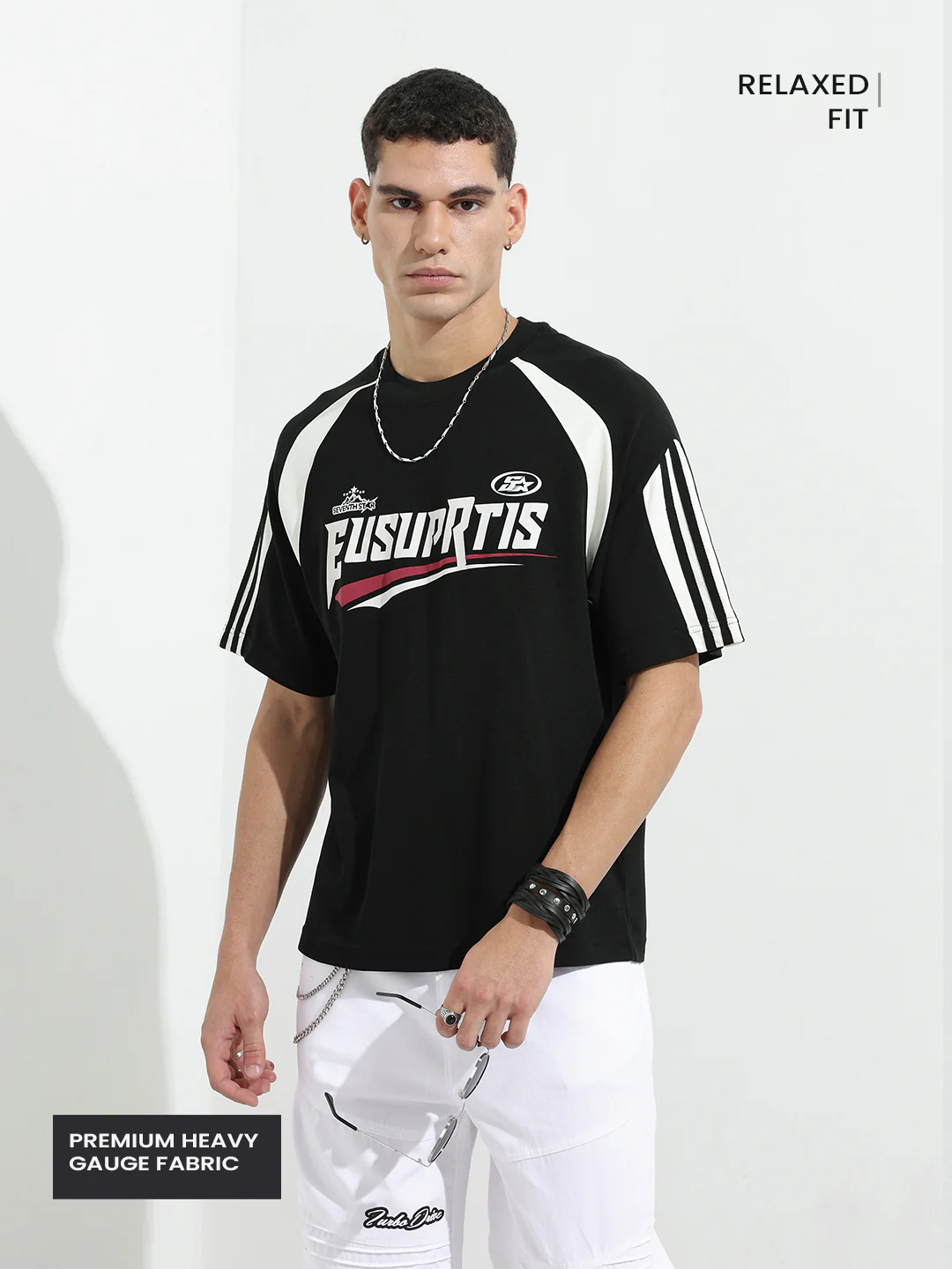 Men's Black Relaxed Fit Graphic Printed 240 GSM Street Wear T-Shirt