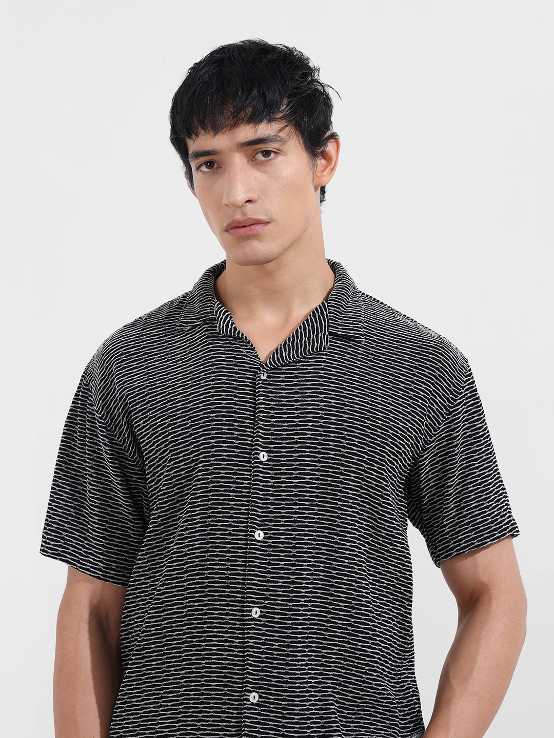 Men's Black Relaxed Fit Resort Wear Textured Shirt - Image 5