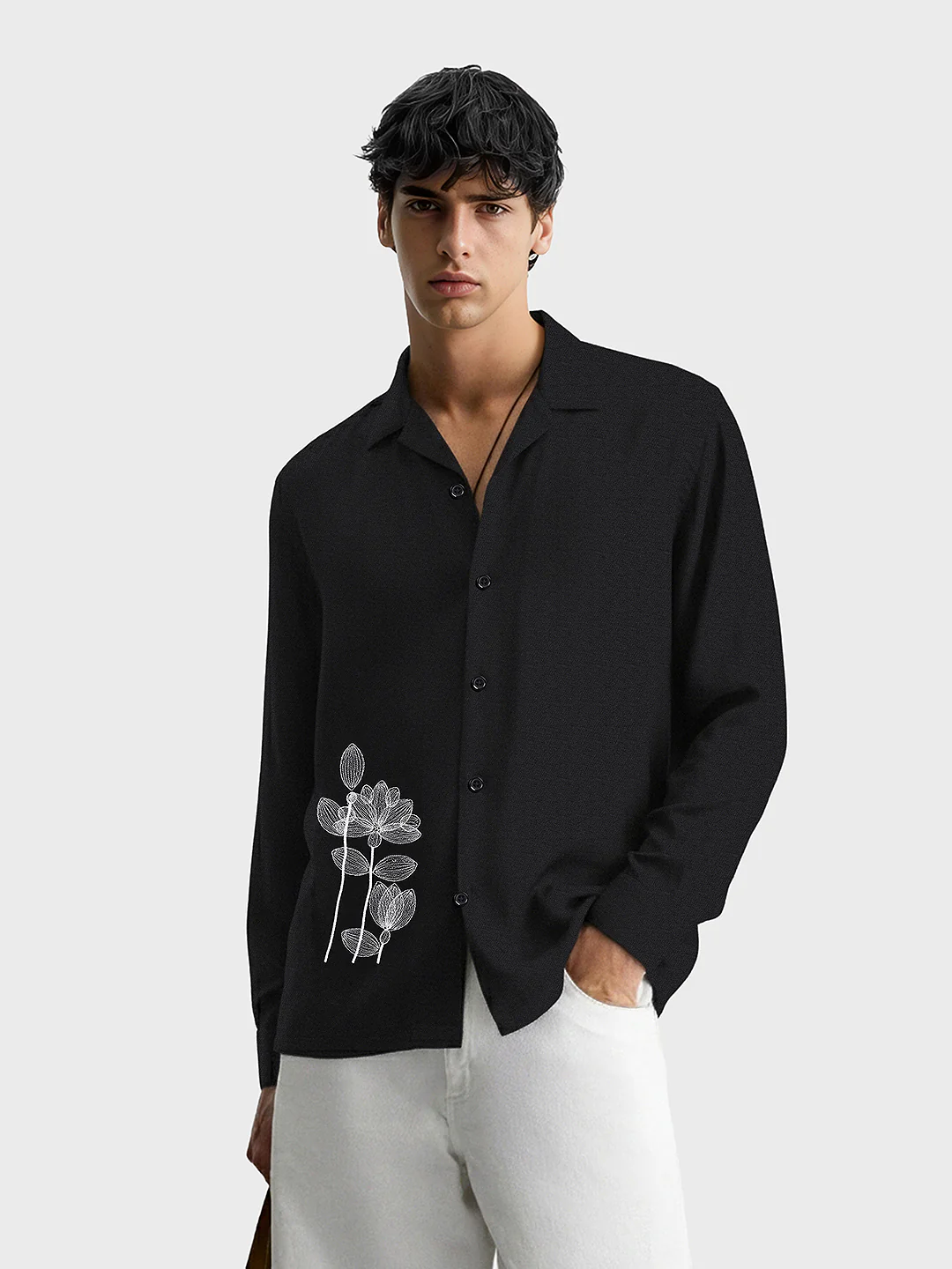 Men's Black Relaxed Fit Embroided Casual Shirt