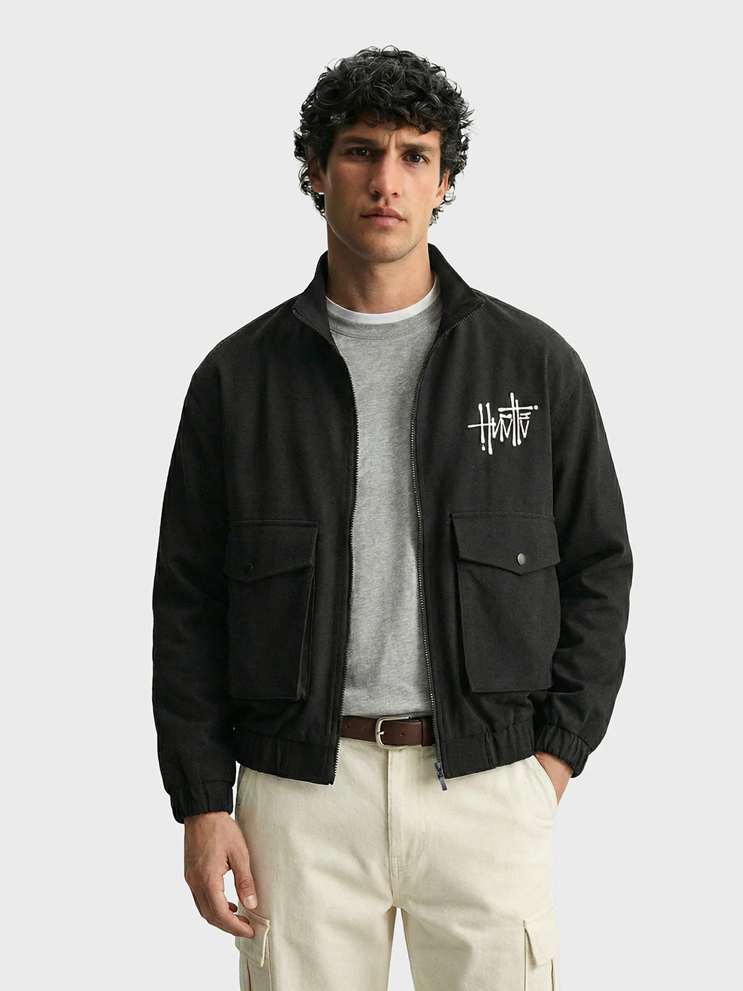 Men's Black Relaxed Fit Solid Utility Bomber Jacket - Image 2