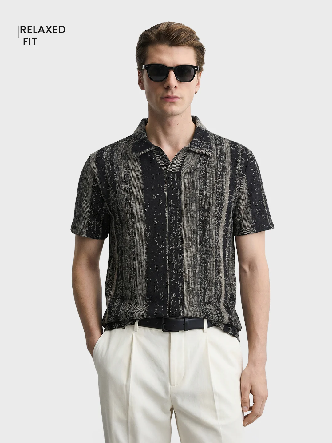 Men's Black Relaxed Fit Striped Casual Polo T-Shirt - Image 2
