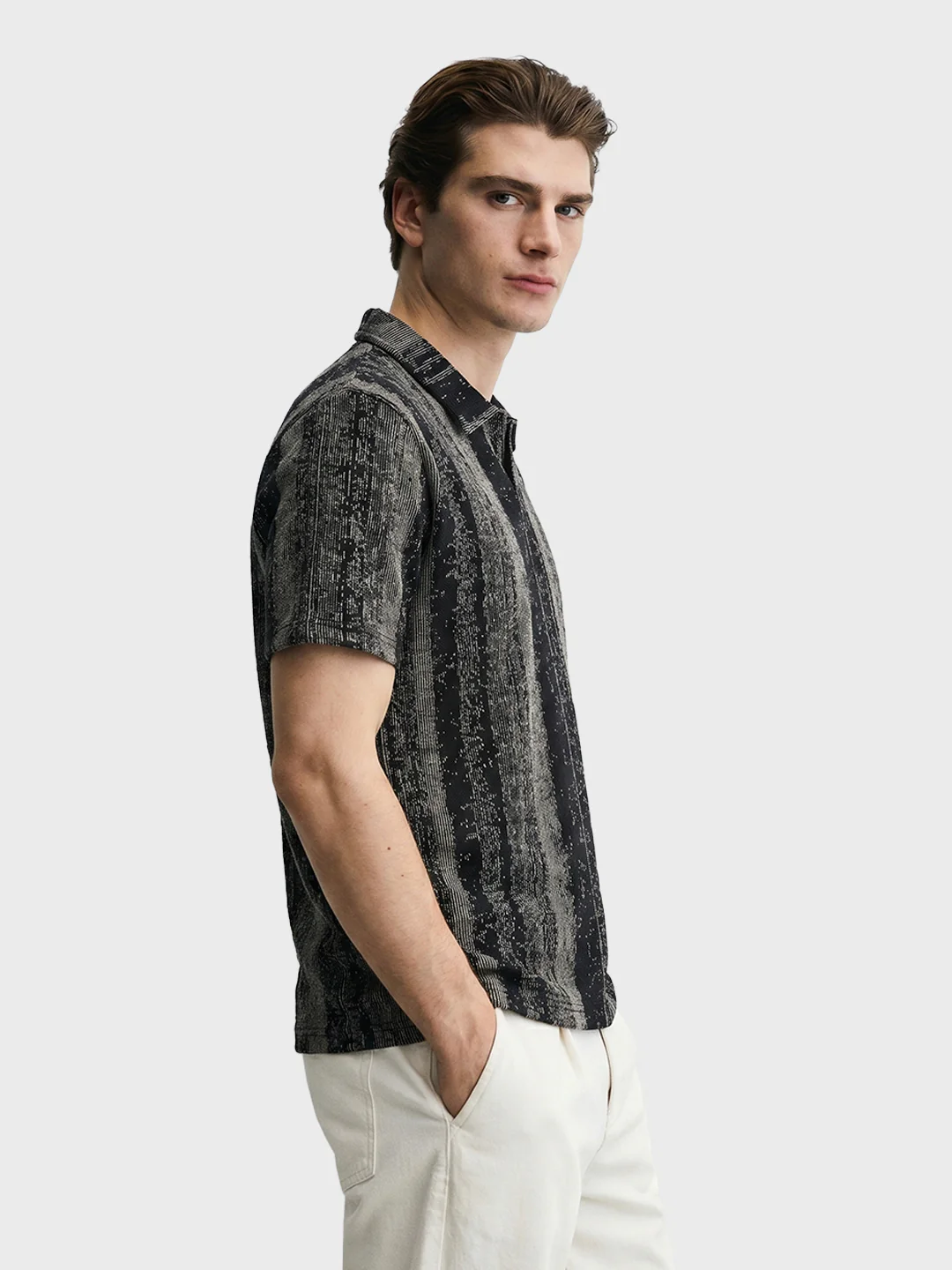 Men's Black Relaxed Fit Striped Casual Polo T-Shirt - Image 4