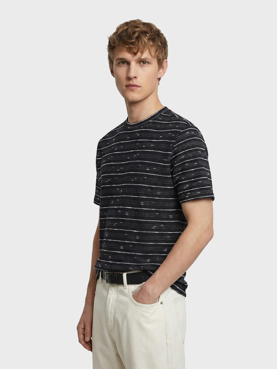 Men's Black Relaxed Fit Striped Resort Wear T-Shirt - Image 4
