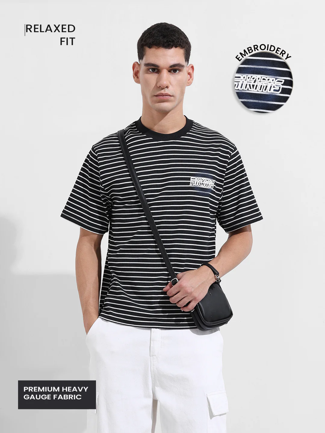 Men's Black Relaxed Fit Striped 240 GSM Street Wear T-Shirt