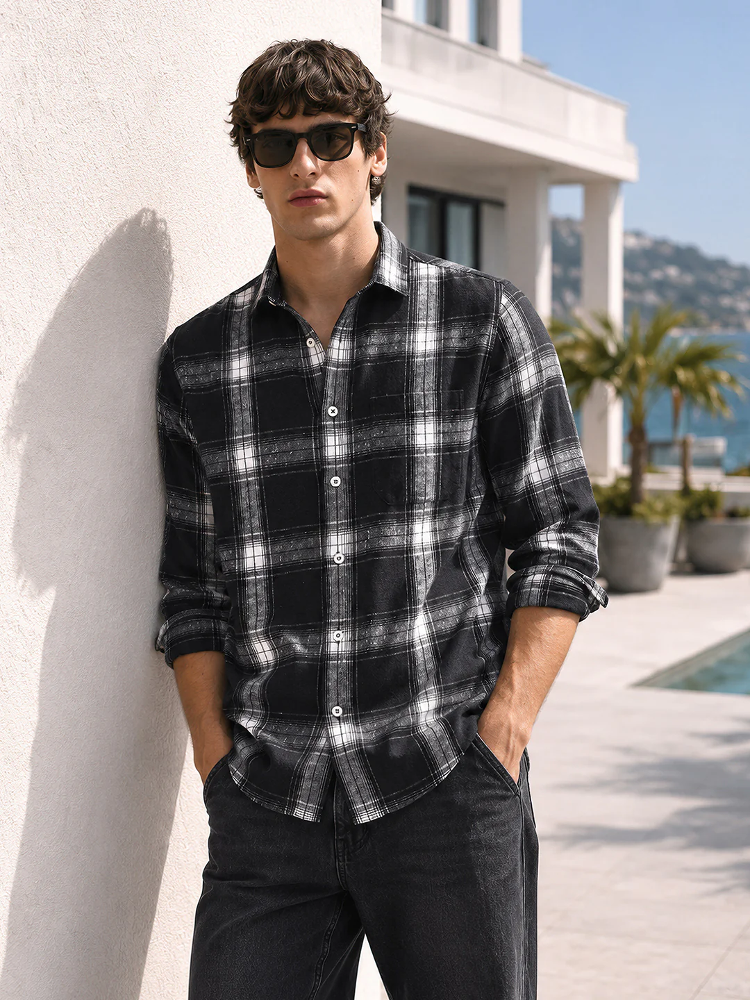 Men's Black Slim Fit Checkered Casual Shirt