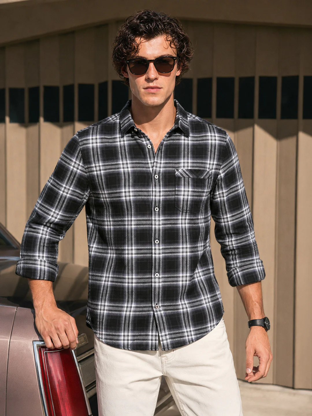 Men's Black Slim Fit Checkered Casual Shirt