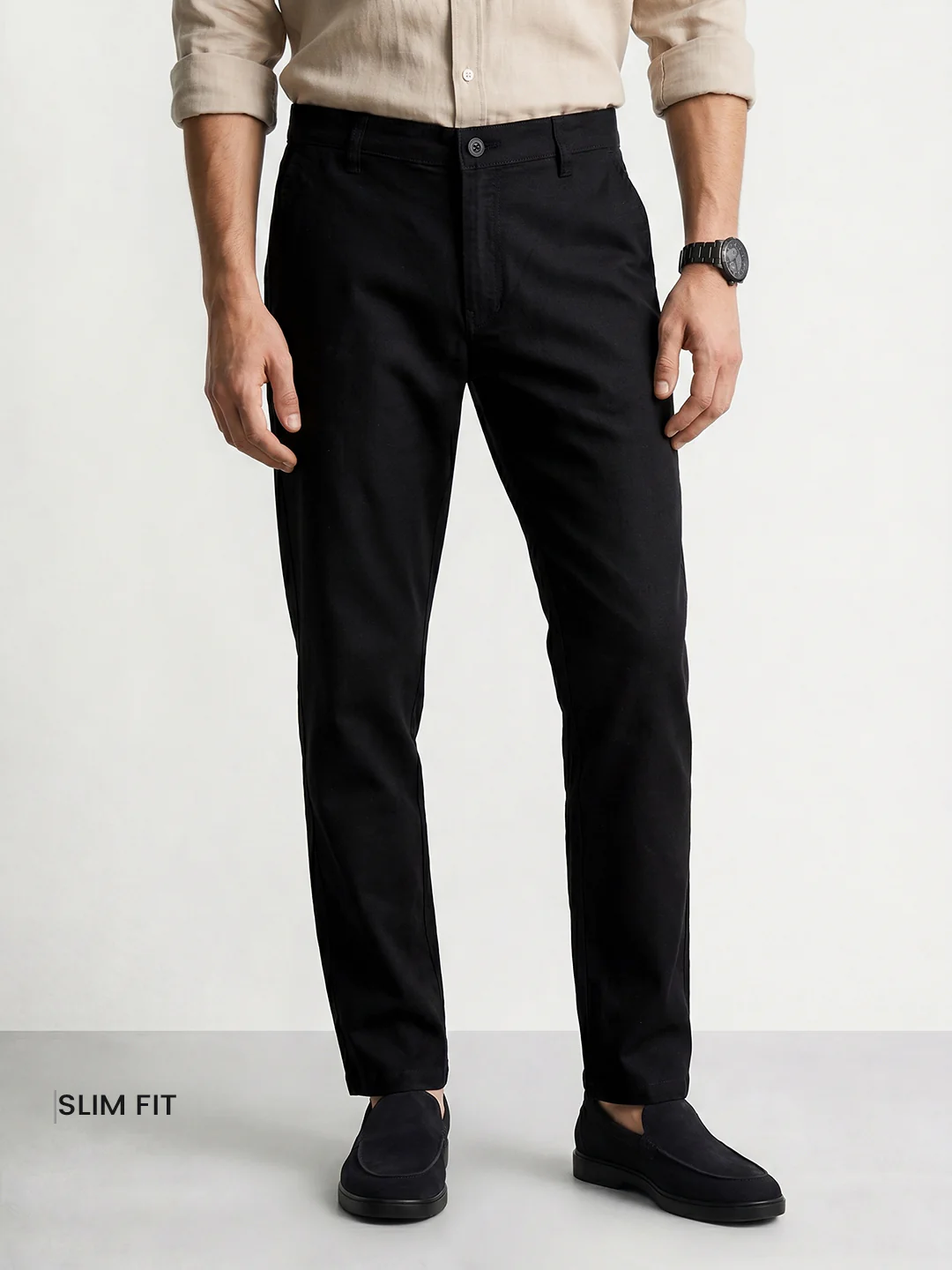 Men's Black Slim Fit Solid Casual Chinos - Image 2