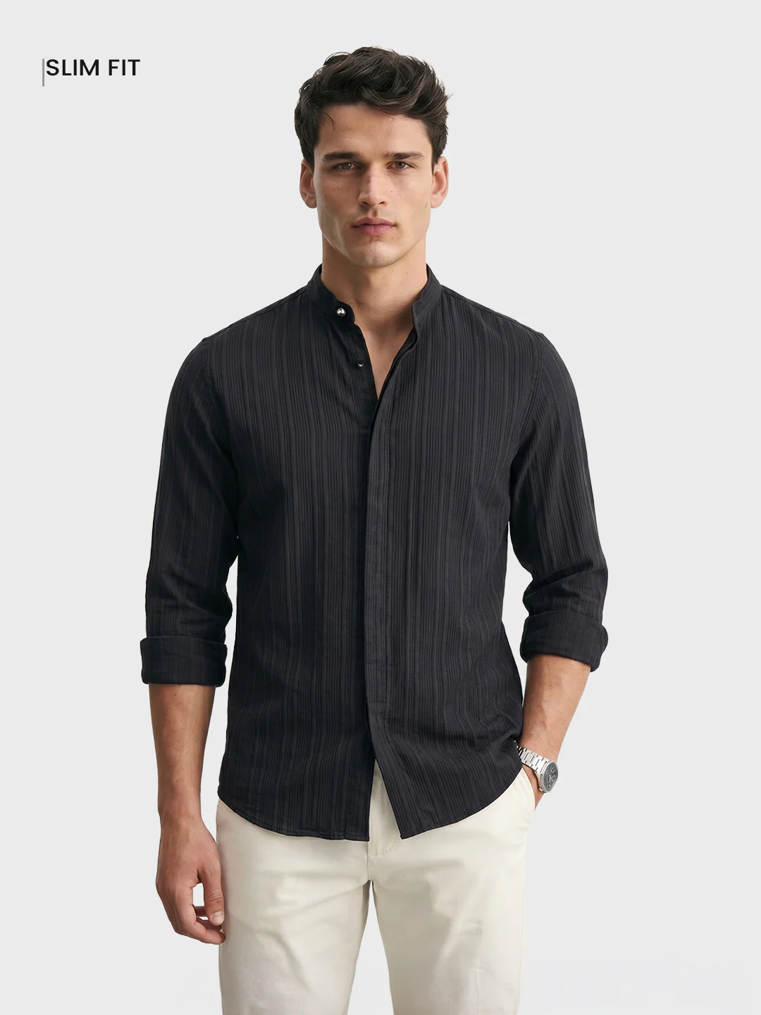 Men's Black Slim Fit Solid Casual Shirt - Image 2