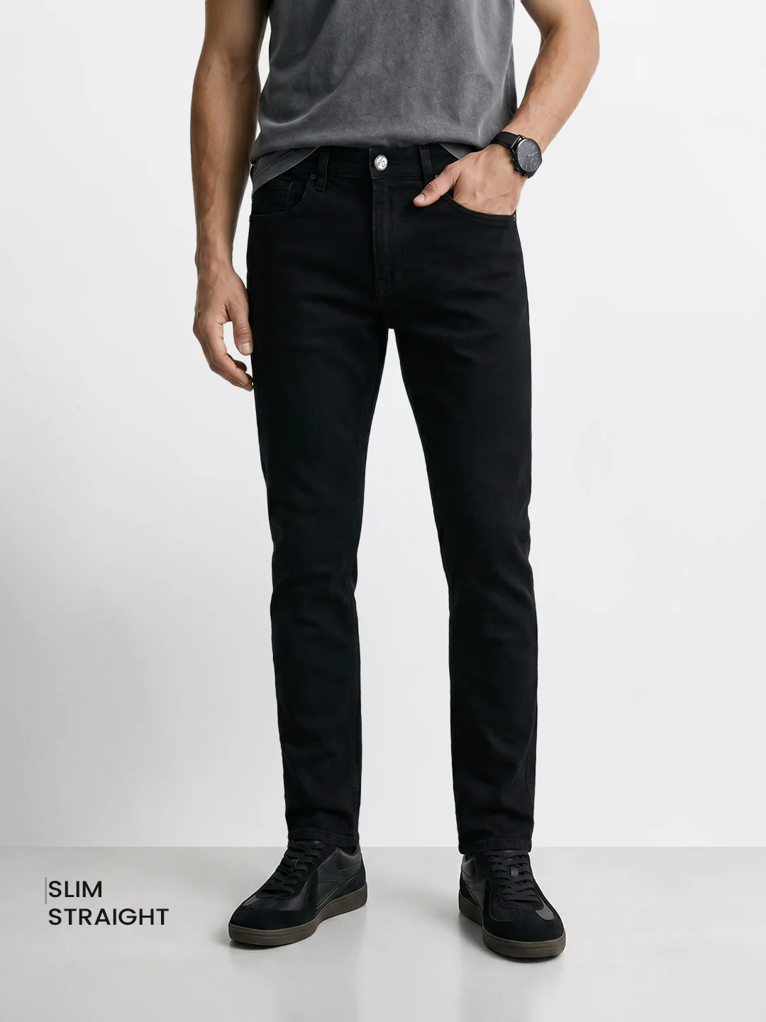 Men's Black Slim Fit Solid Casual Jeans - Image 2
