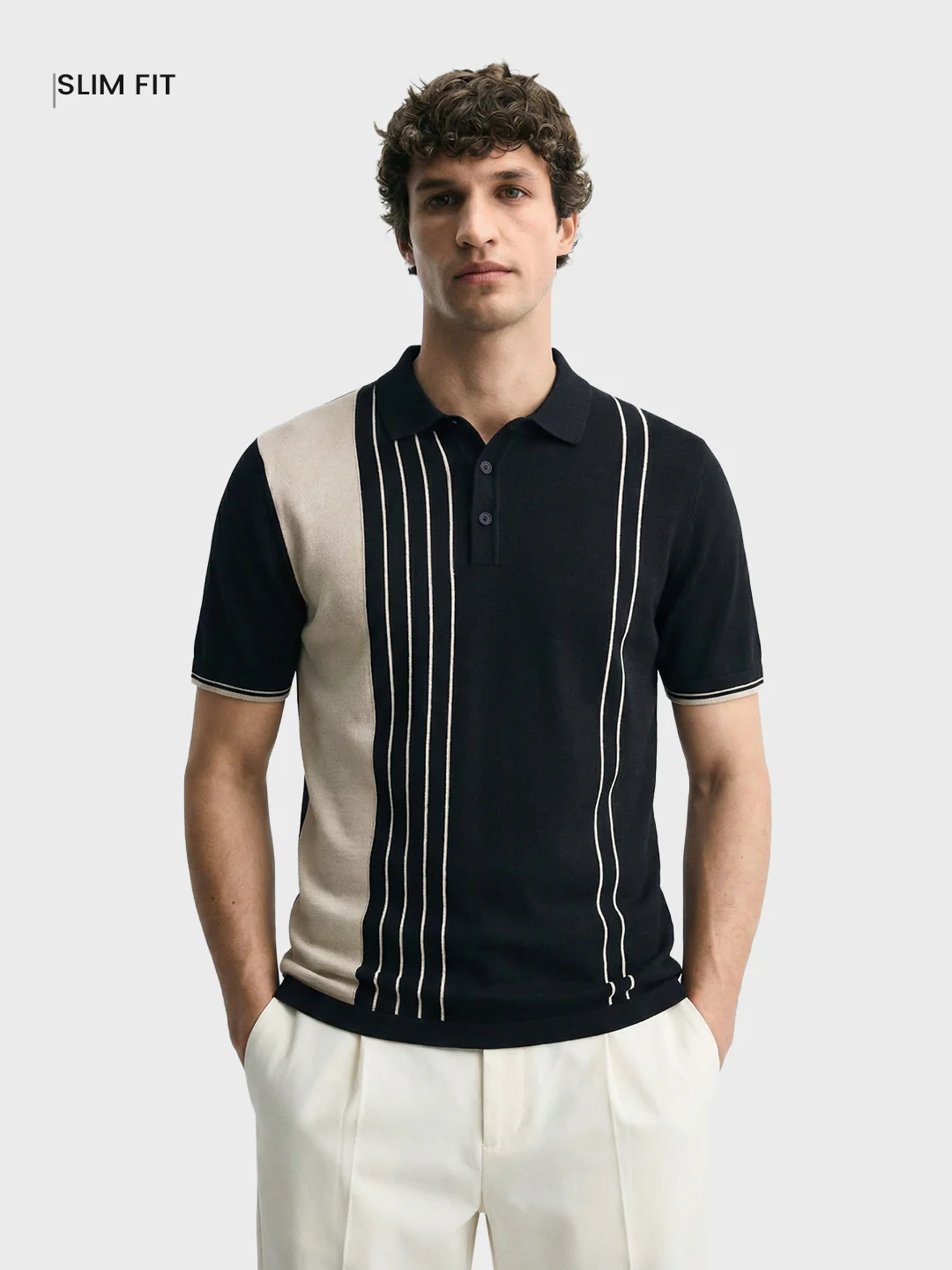 Men's Black Slim Fit Striped Casual Polo T-Shirt - Image 2