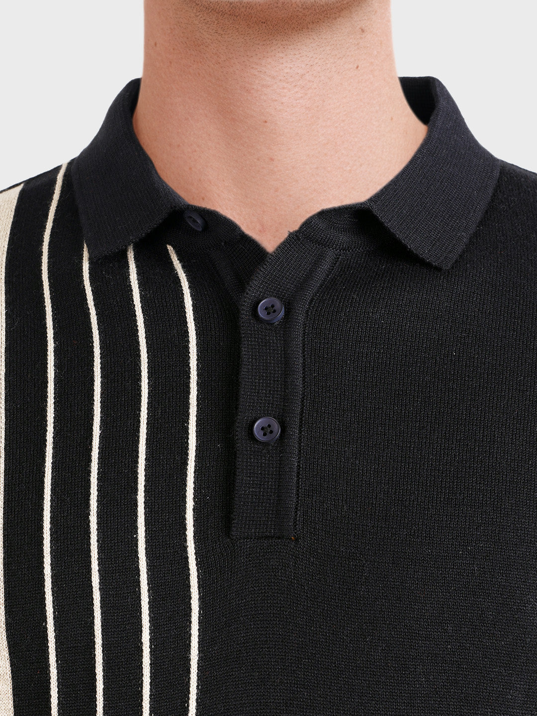 Men's Black Slim Fit Striped Casual Polo T-Shirt - Image 3