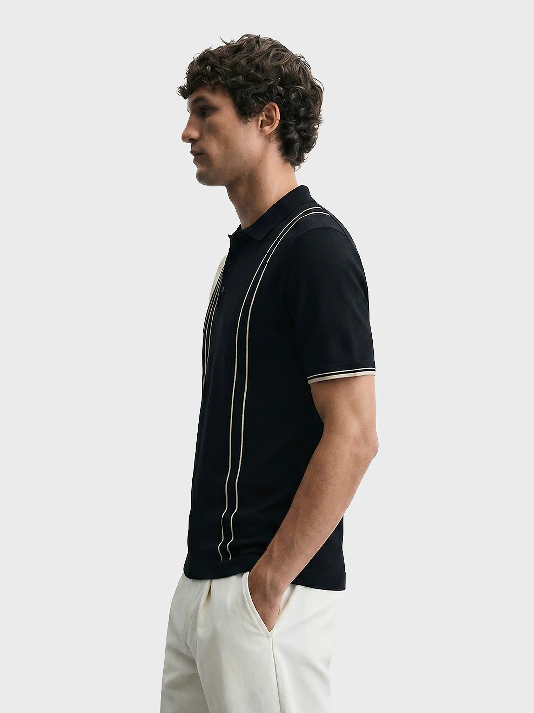 Men's Black Slim Fit Striped Casual Polo T-Shirt - Image 4