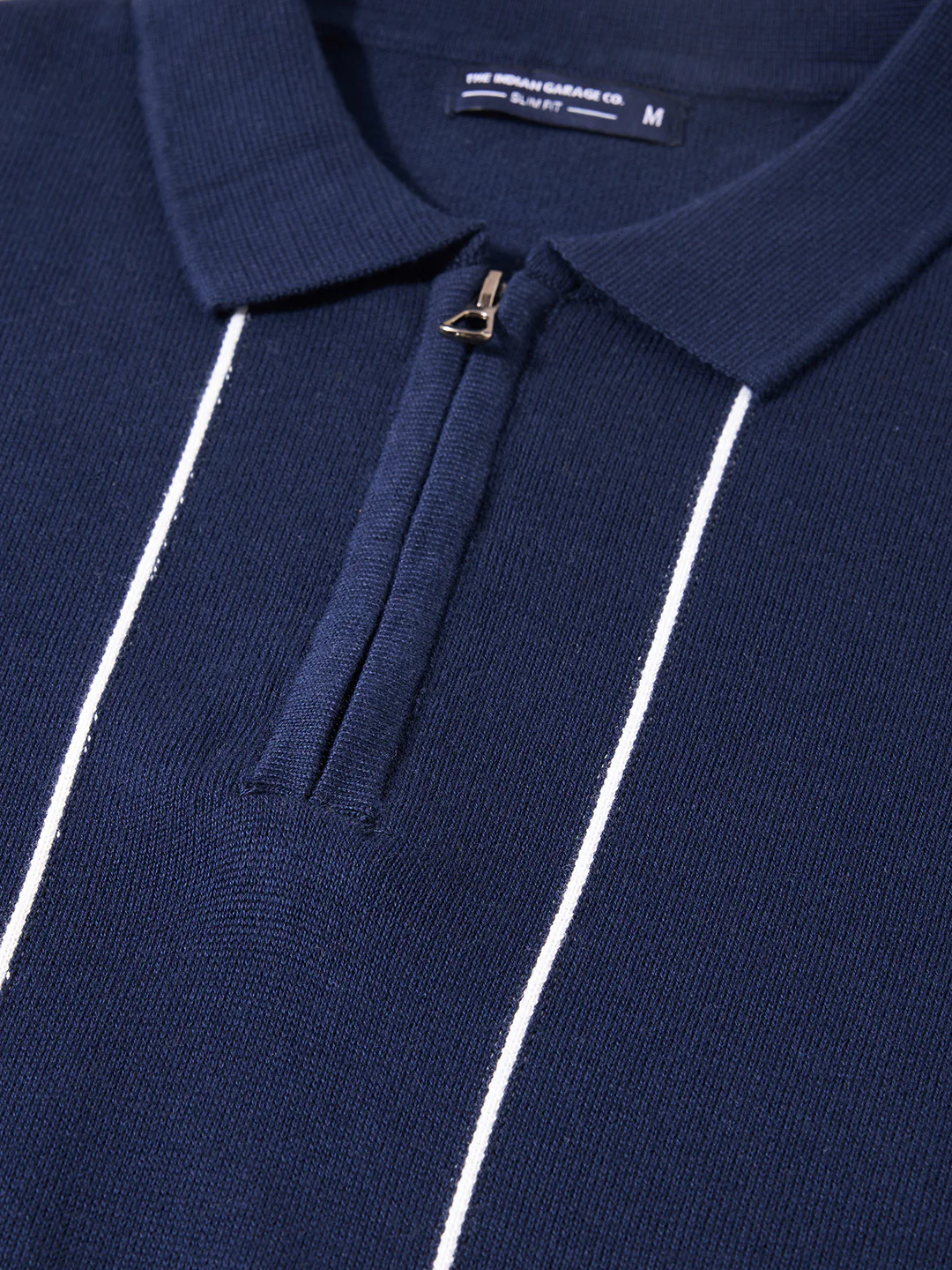 Men's Navy Blue Slim Fit Striped Flat Knit Polo T-Shirt - Image 3