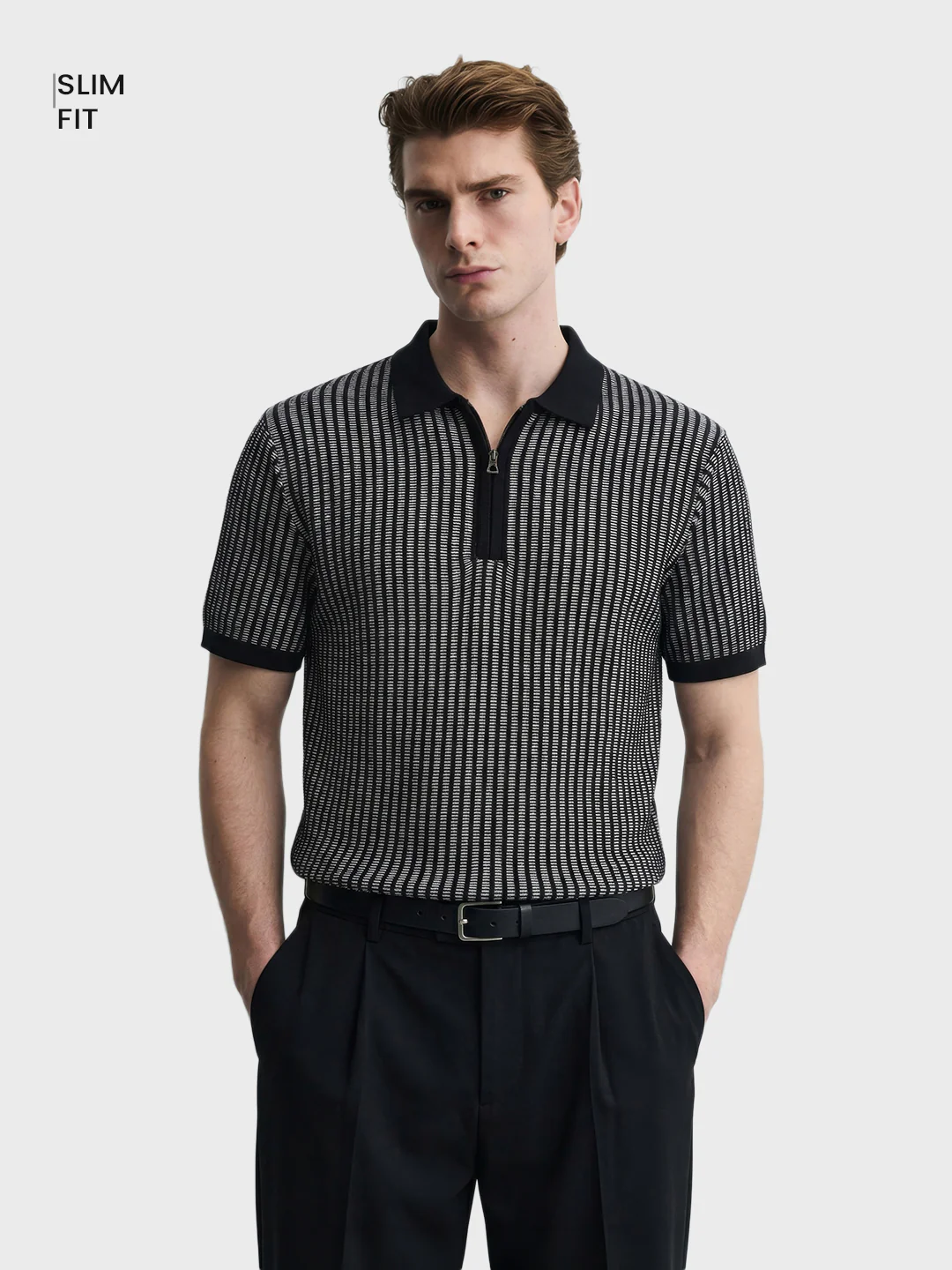Men's Black Slim Fit Striped Casual Polo T-Shirt - Image 2