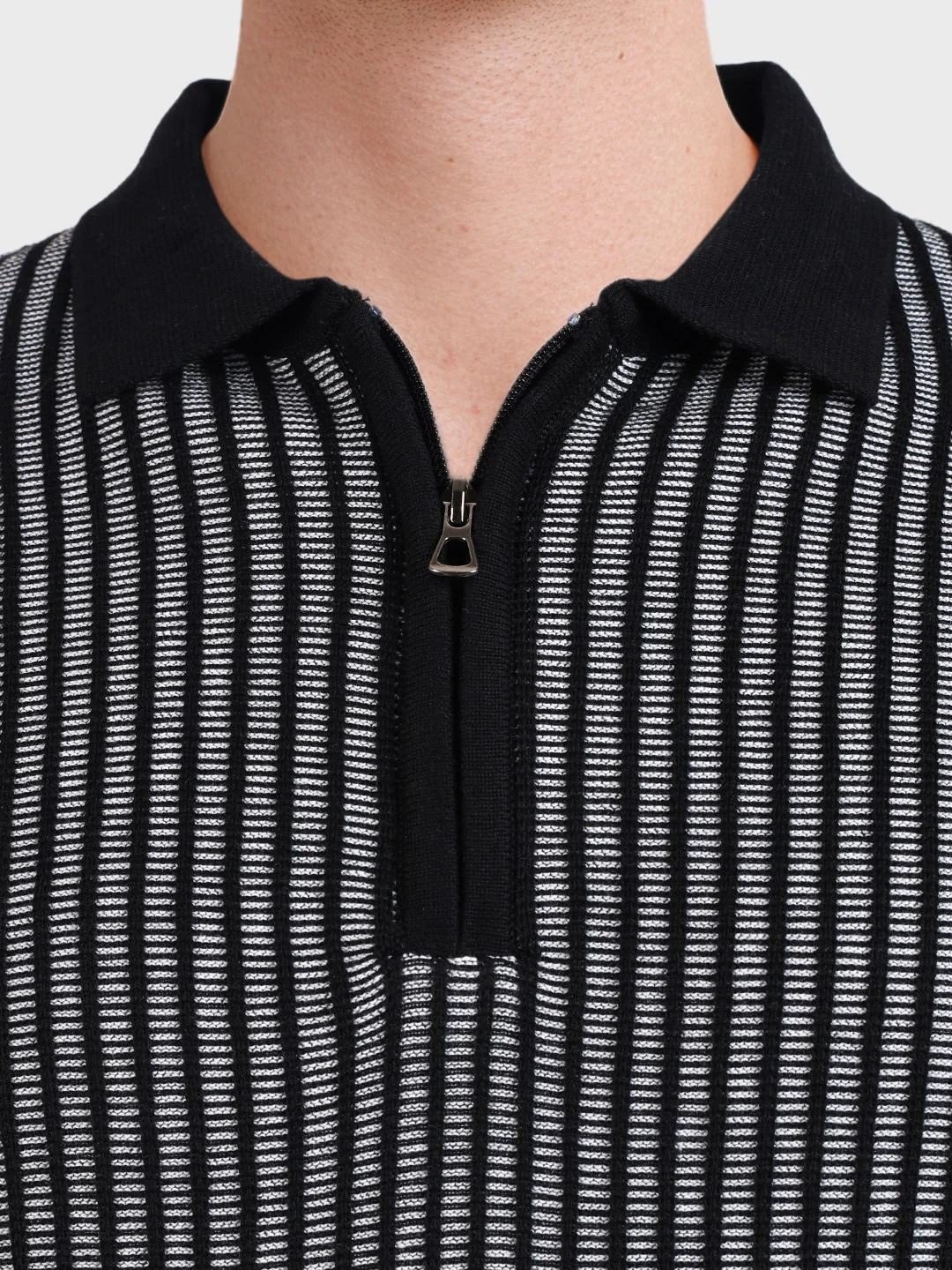 Men's Black Slim Fit Striped Casual Polo T-Shirt - Image 3