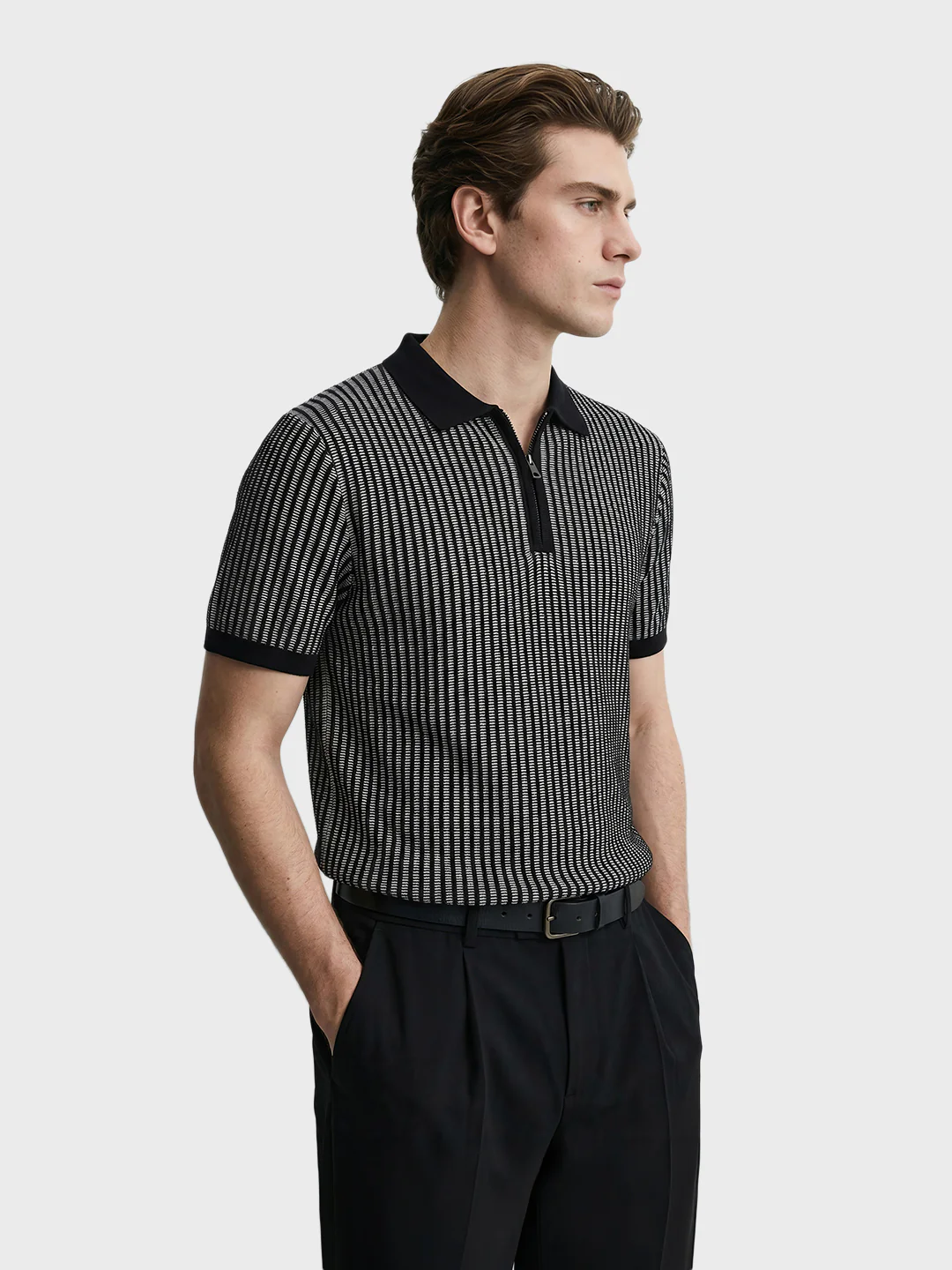 Men's Black Slim Fit Striped Casual Polo T-Shirt - Image 4