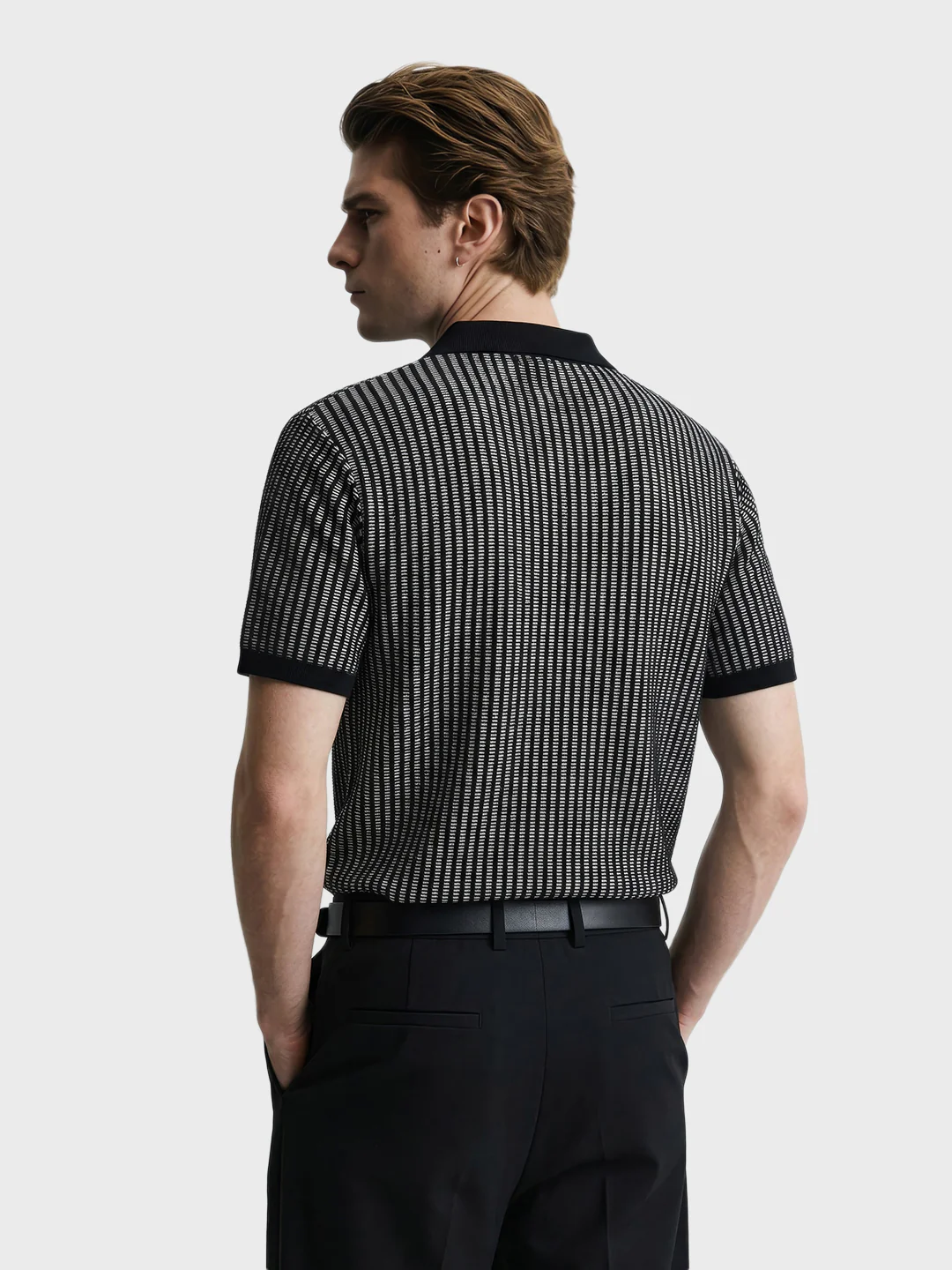 Men's Black Slim Fit Striped Casual Polo T-Shirt - Image 5