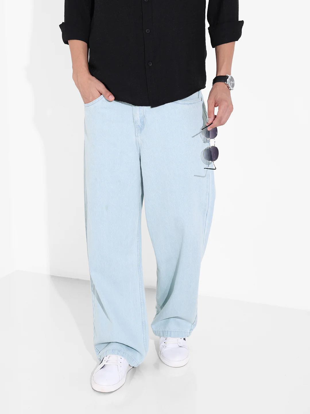 Men's Blue Baggy Fit Solid Casual Jeans