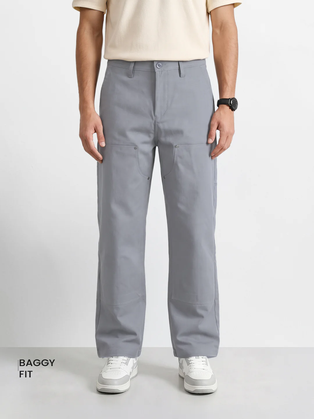 Men's Grey Baggy Fit Solid Utility Trousers - Image 2