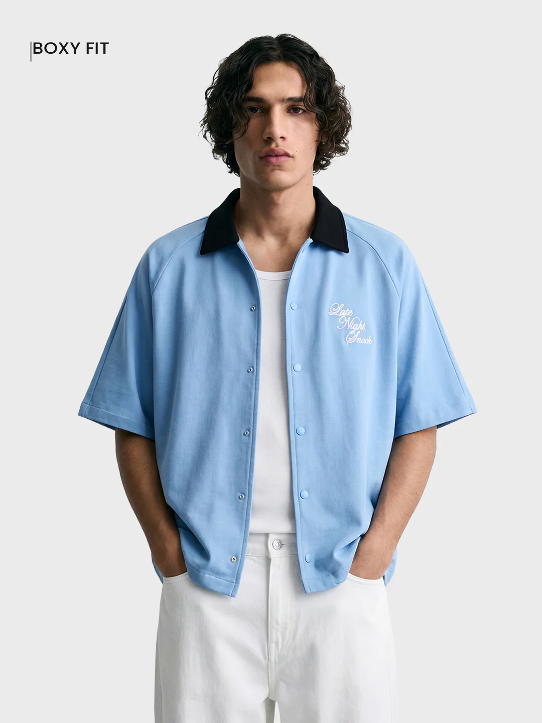 Men's Blue Boxy Fit Embroided Casual Shirt - Image 2