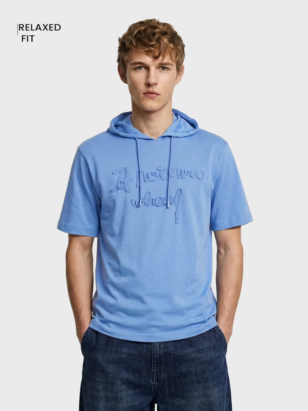 Men's Blue Relaxed Fit Embroidered Casual T-Shirts - Image 2