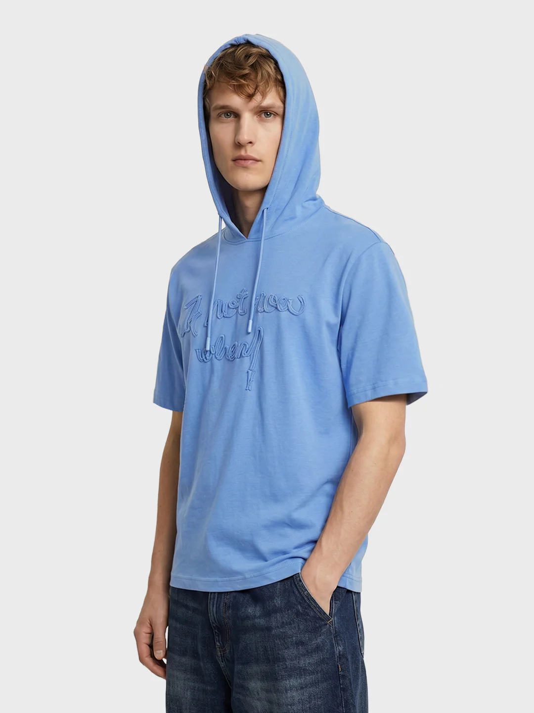 Men's Blue Relaxed Fit Embroidered Casual T-Shirts - Image 4