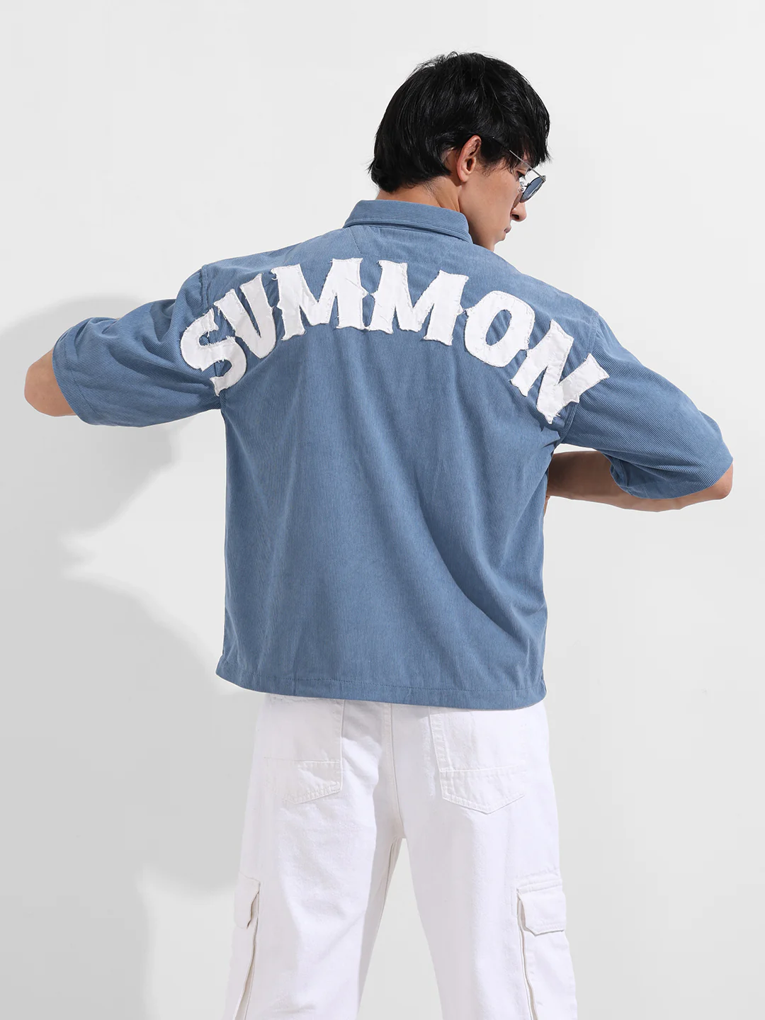Men's Blue Boxy Fit Embroided Street Wear Shirt