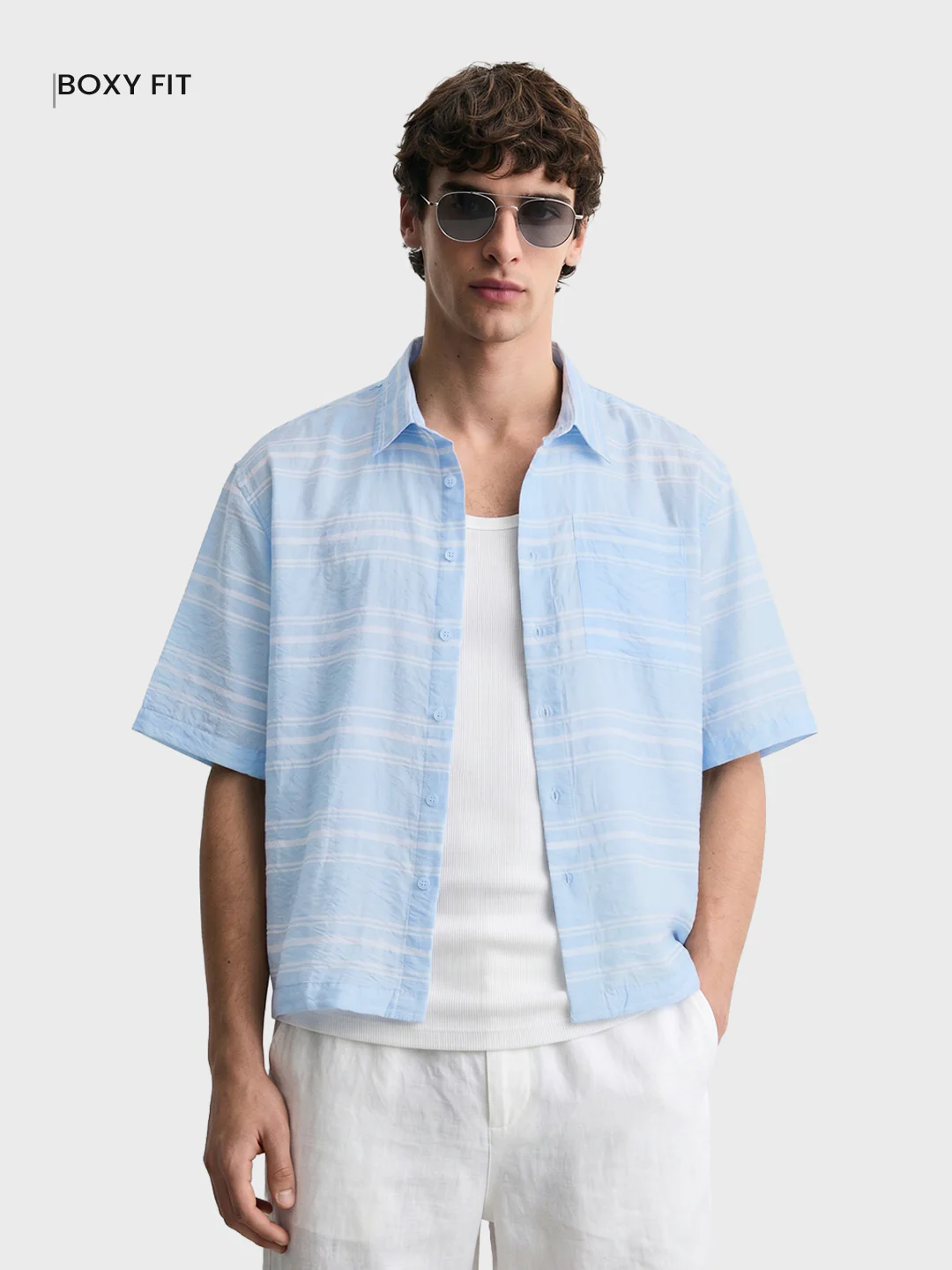 Men's Blue Boxy Fit Striped Resort Wear Shirt - Image 2