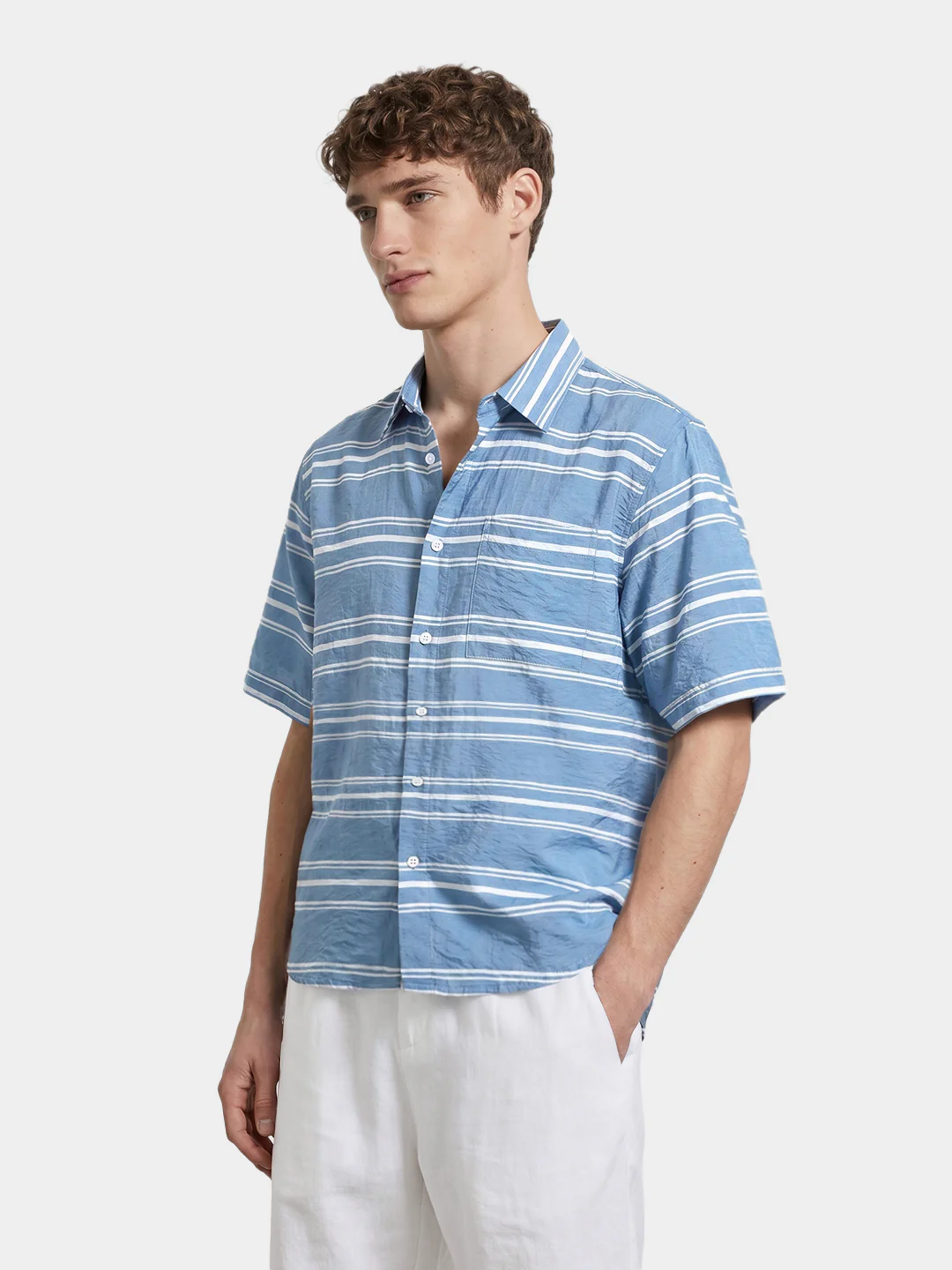 Men's Blue Boxy Fit Striped Resort Wear Shirt - Image 4