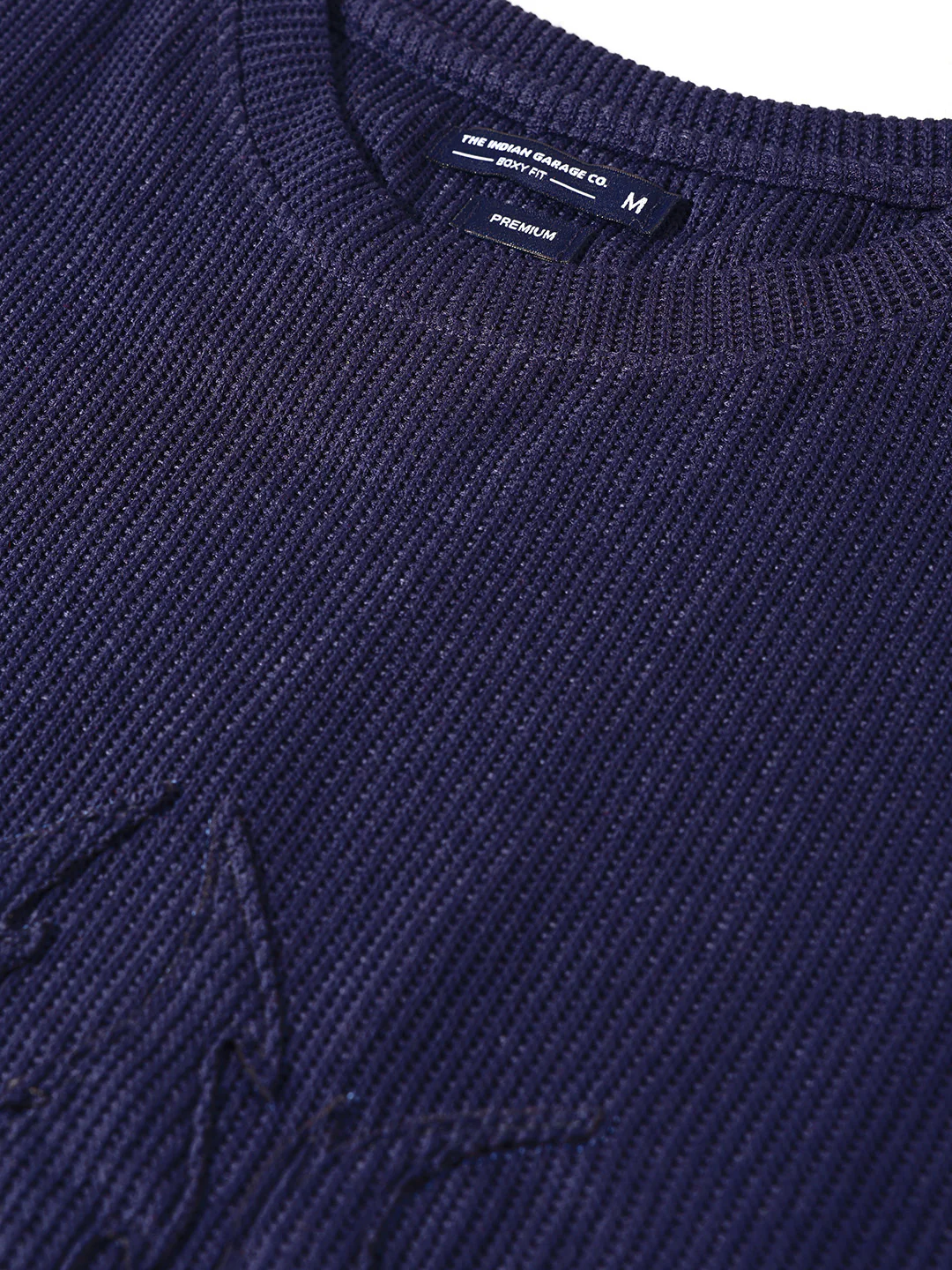 Men's Navy Blue Boxy Fit Textured Casual T-Shirt - Image 3
