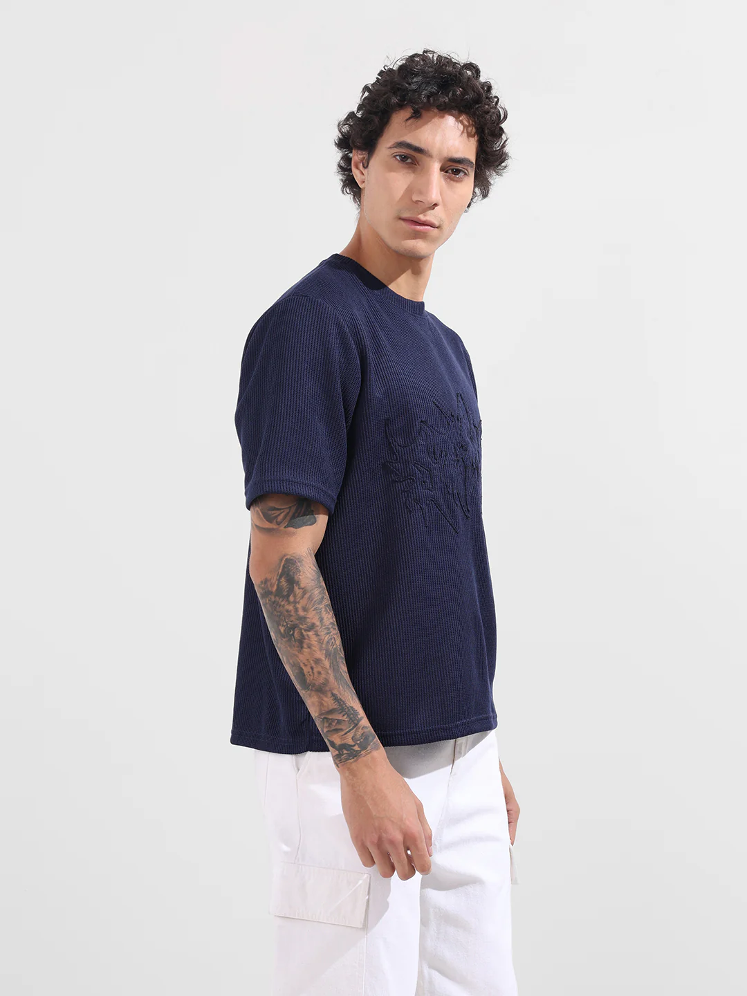 Men's Navy Blue Boxy Fit Textured Casual T-Shirt - Image 4