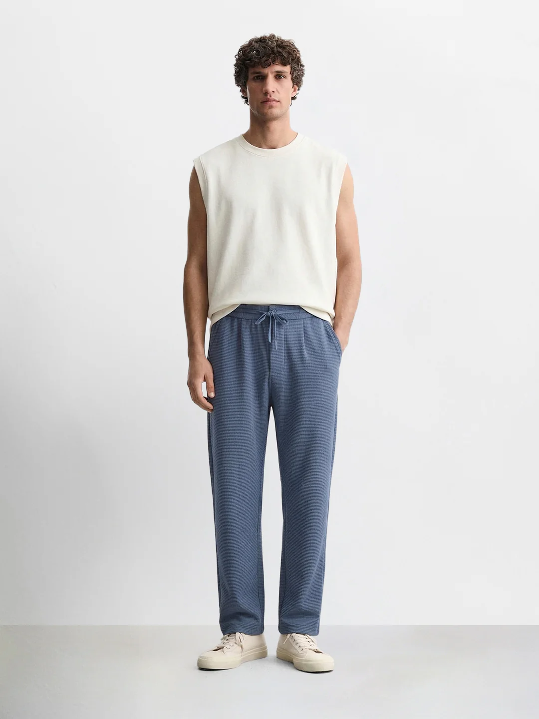 Men's Blue Relaxed Fit Textured Casual Joggers - Image 5