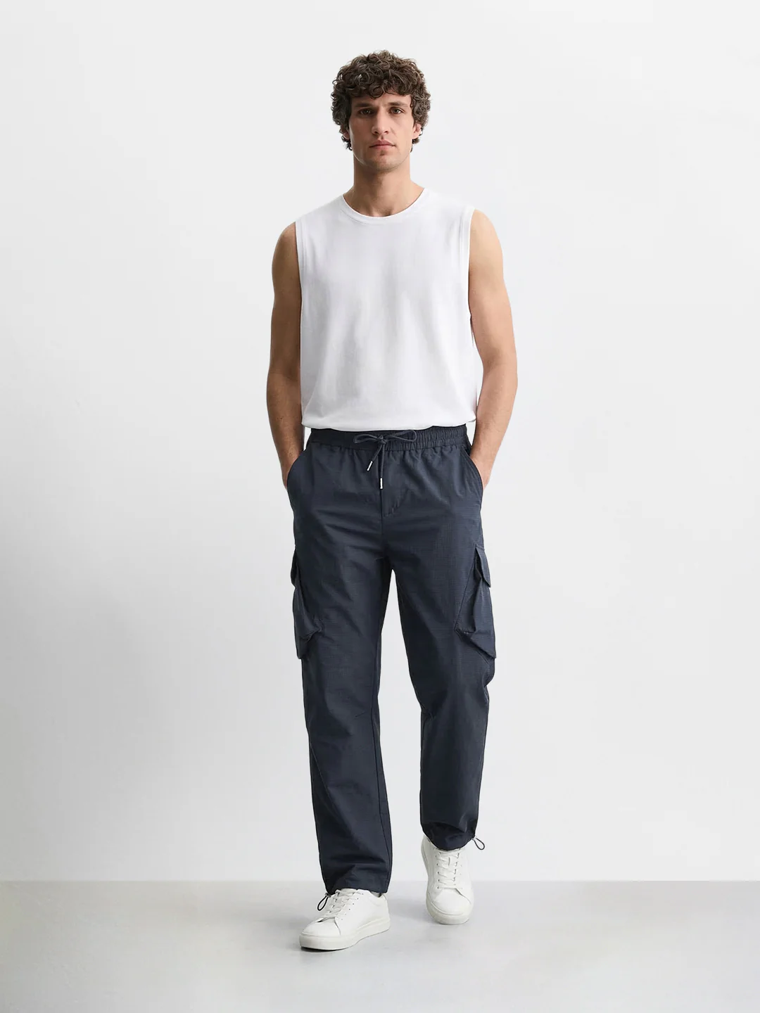Men's Navy Blue Loose Fit Solid Utility Cargo - Image 5