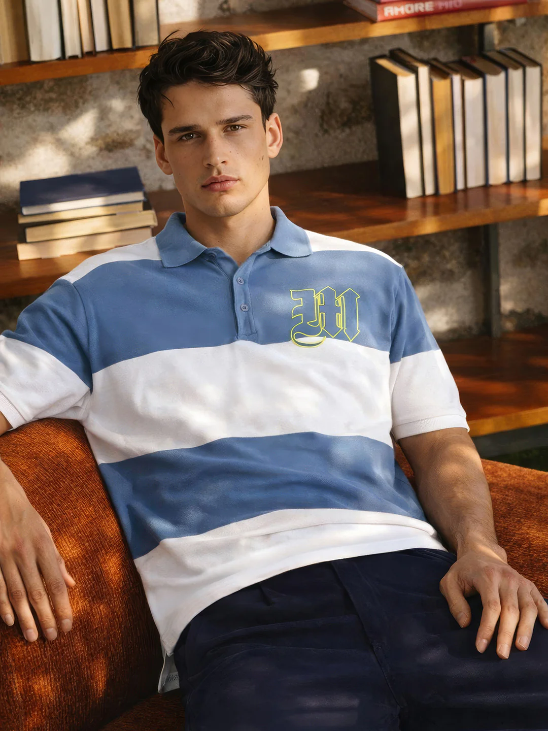 Men's Blue Oversized Fit Solid Flat Knit Polo T-Shirt