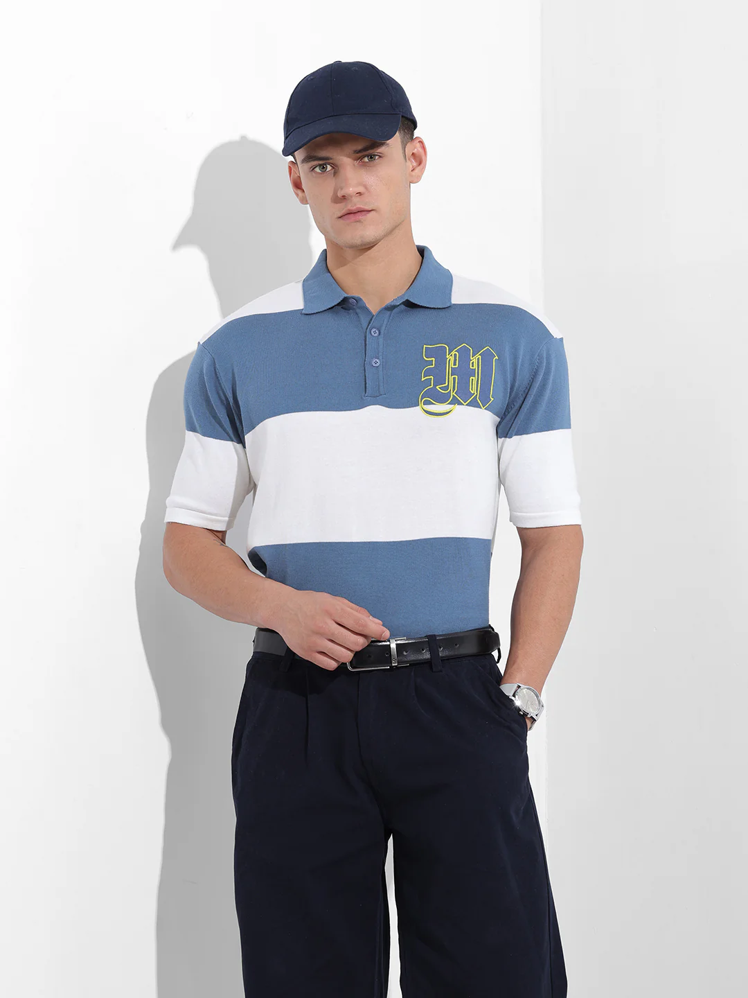 Men's Blue Oversized Fit Solid Flat Knit Polo T-Shirt - Image 2