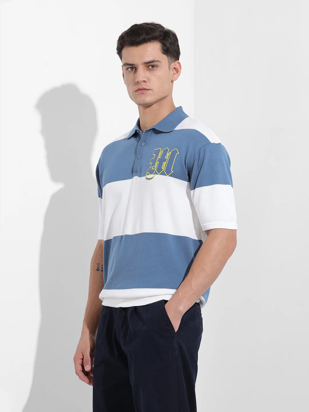 Men's Blue Oversized Fit Solid Flat Knit Polo T-Shirt - Image 4