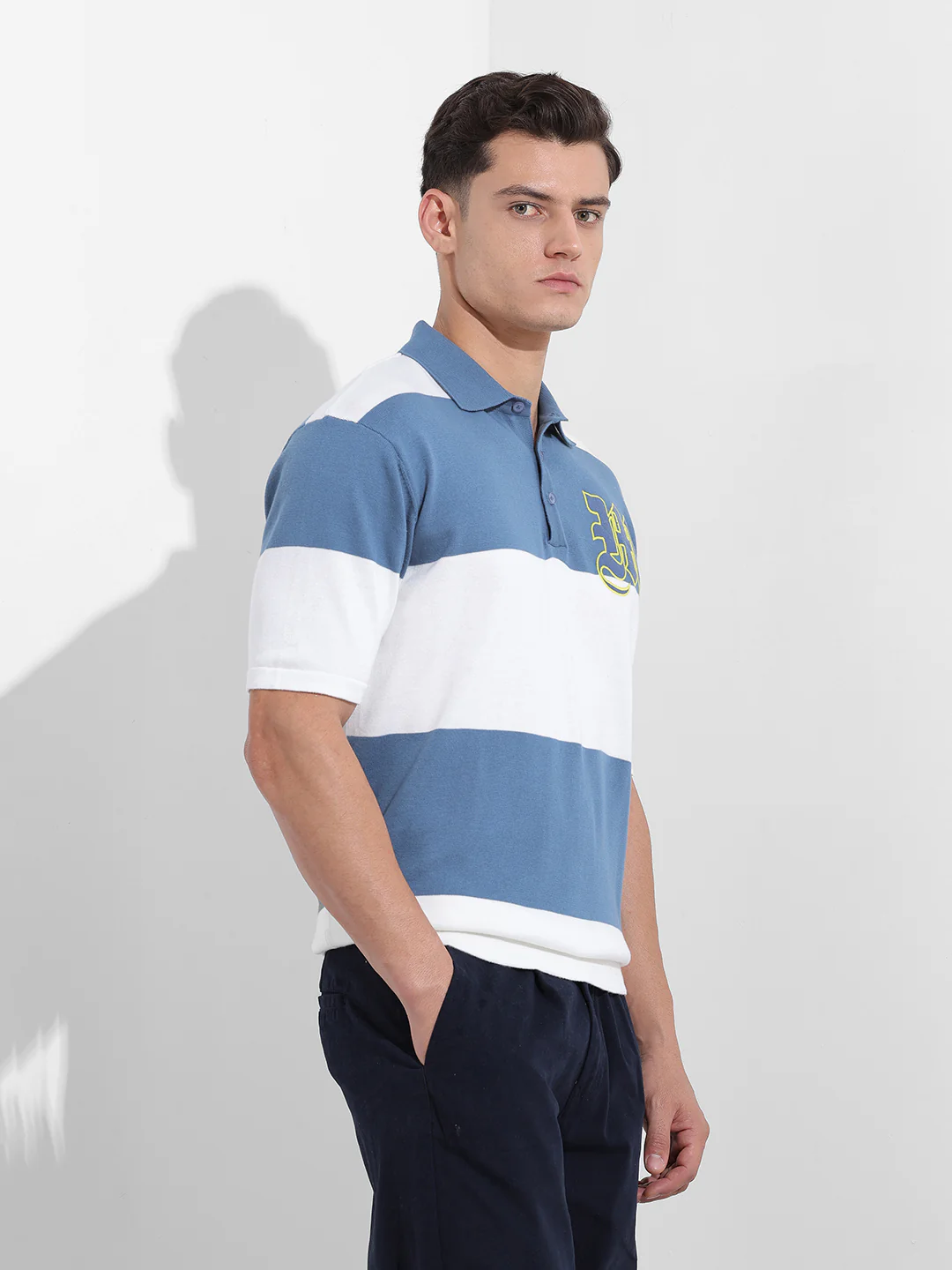 Men's Blue Oversized Fit Solid Flat Knit Polo T-Shirt - Image 5