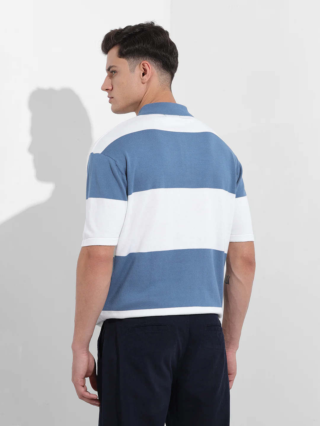Men's Blue Oversized Fit Solid Flat Knit Polo T-Shirt - Image 6