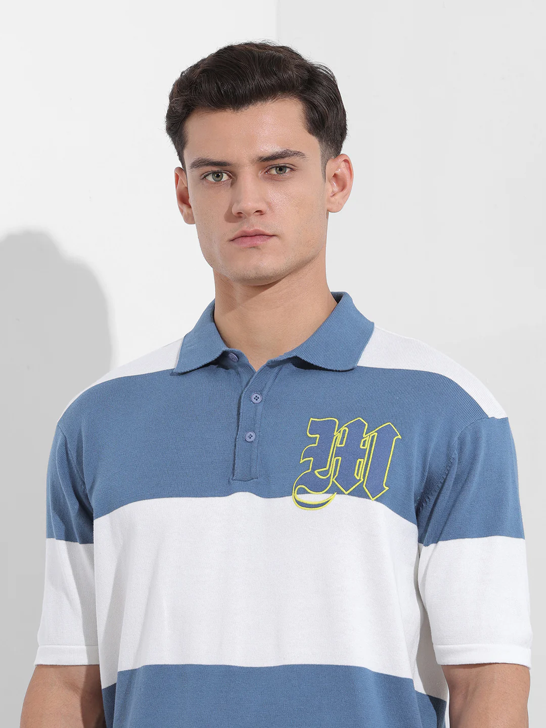 Men's Blue Oversized Fit Solid Flat Knit Polo T-Shirt - Image 7