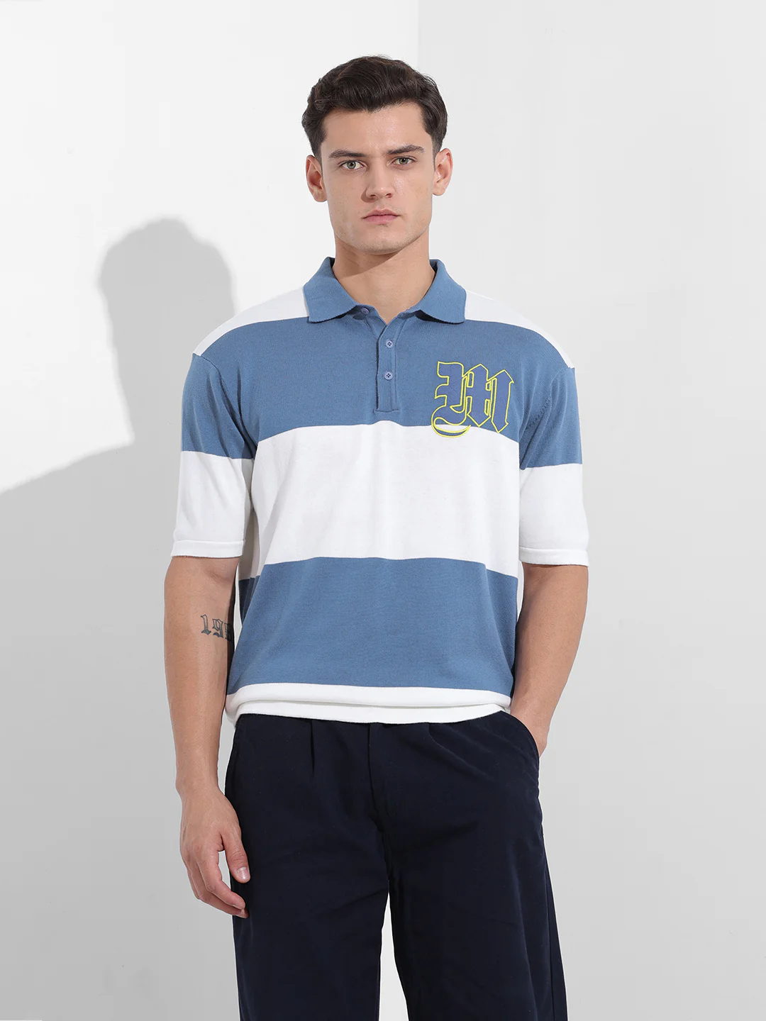 Men's Blue Oversized Fit Solid Flat Knit Polo T-Shirt - Image 8