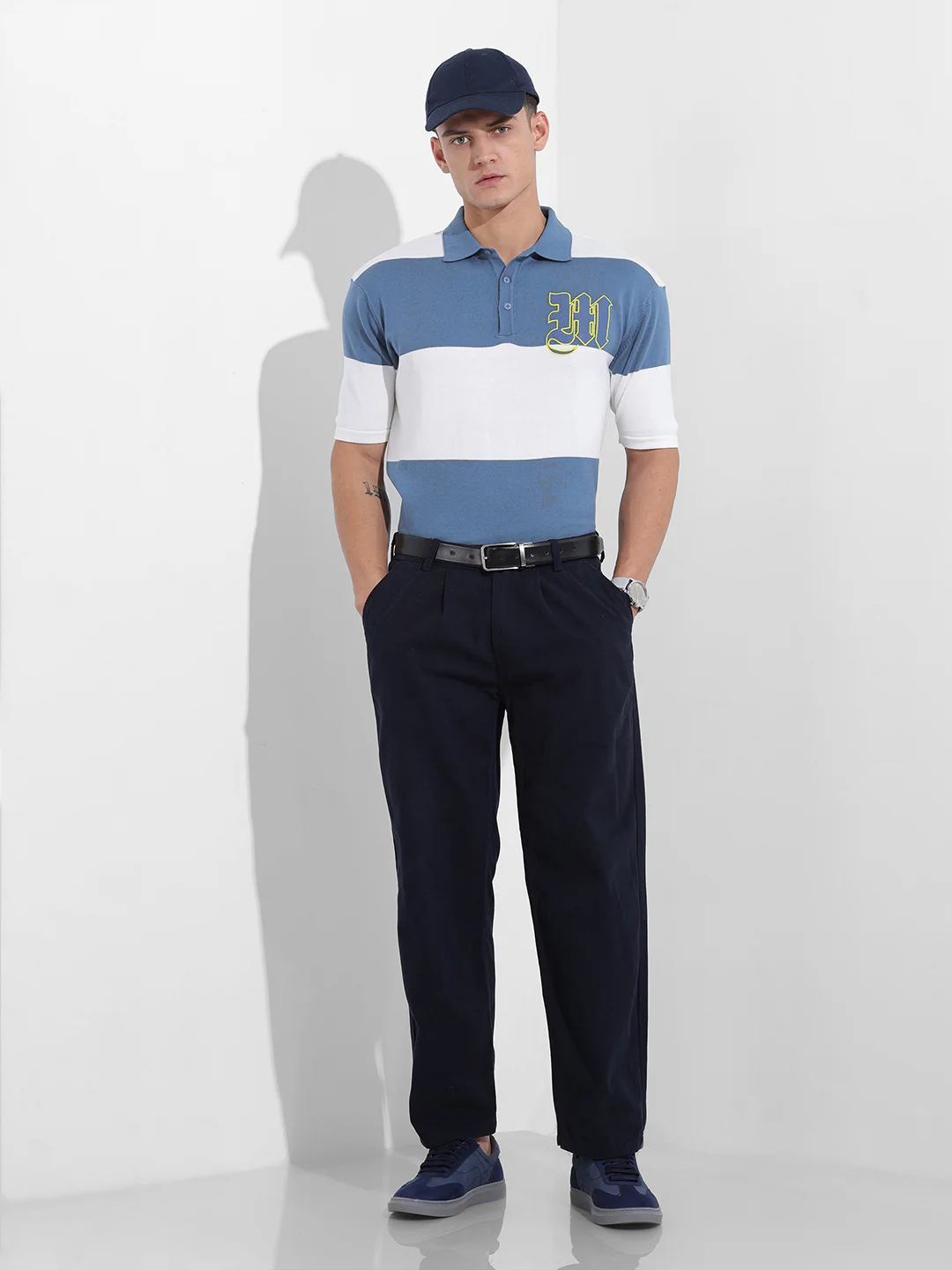 Men's Blue Oversized Fit Solid Flat Knit Polo T-Shirt - Image 9